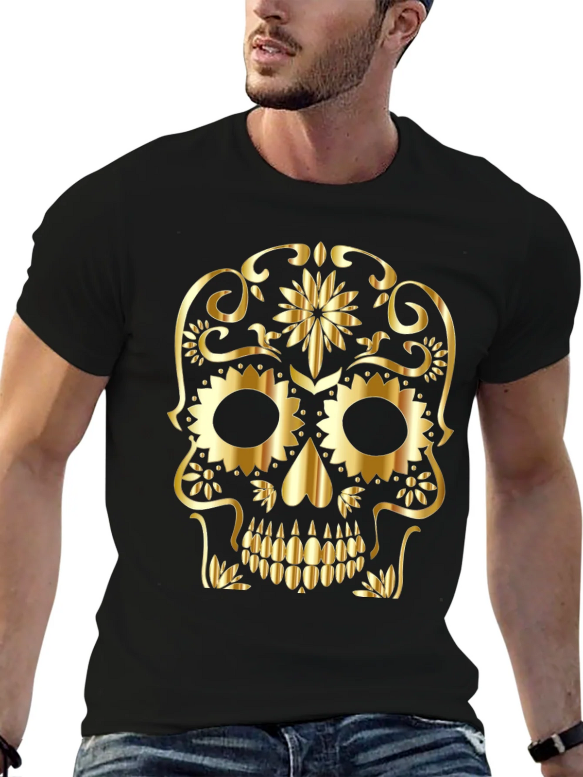 Golden Sugar Skull Graphic Tee