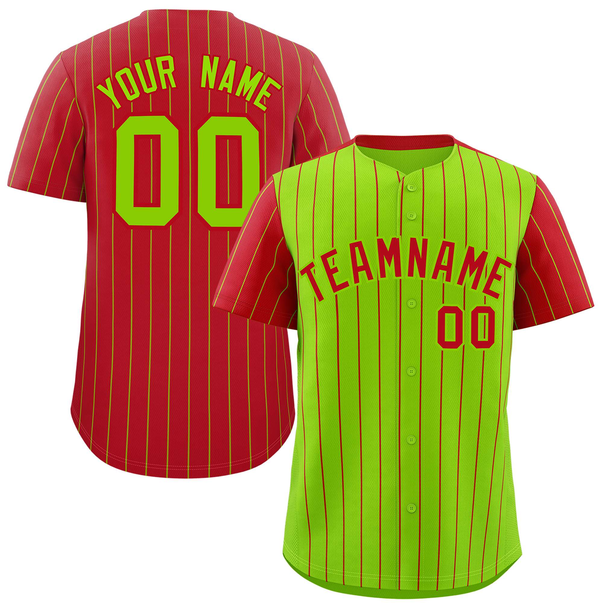 Custom Neon Green Red Pinstripe Personalized Raglan Sleeves Authentic Baseball Jersey