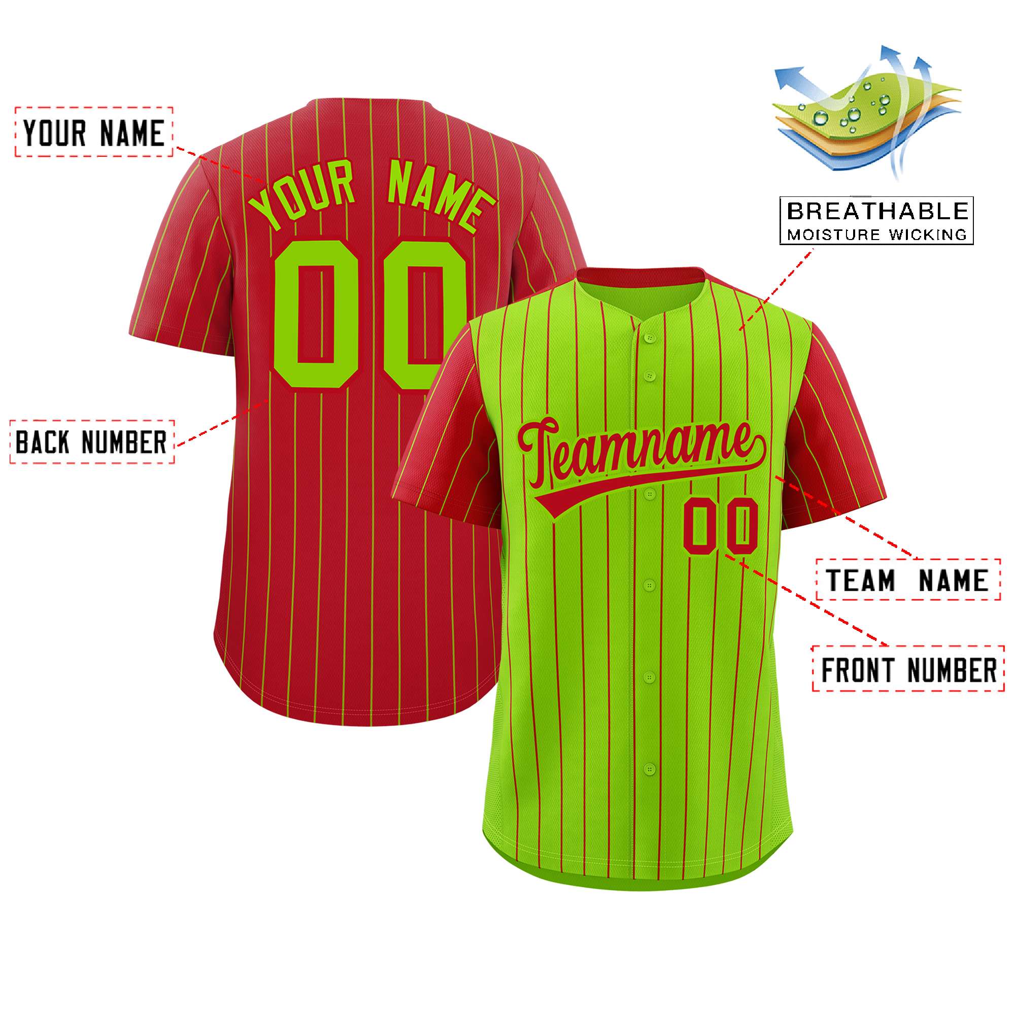 Custom Neon Green Red Pinstripe Personalized Raglan Sleeves Authentic Baseball Jersey