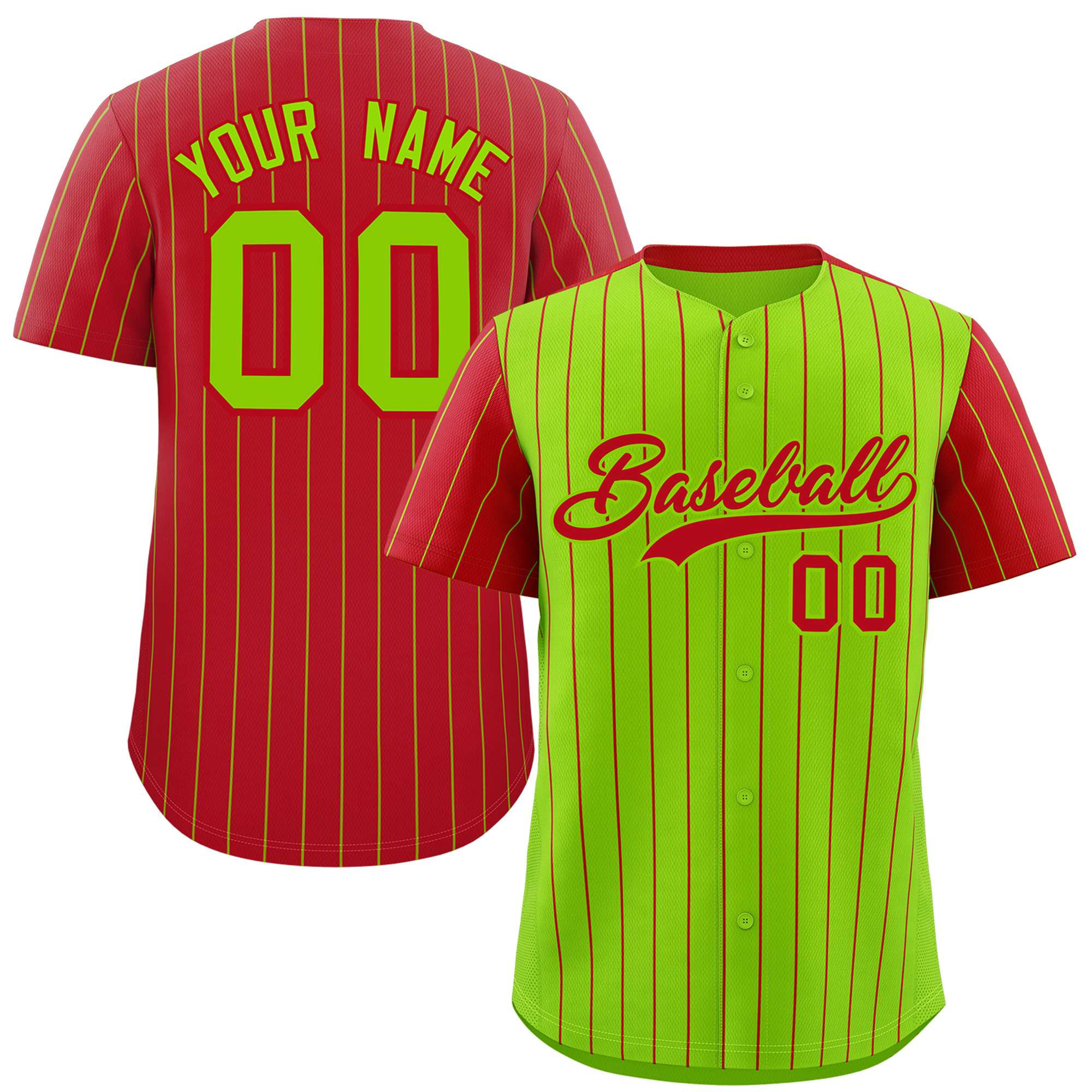 Custom Neon Green Red Pinstripe Personalized Raglan Sleeves Authentic Baseball Jersey