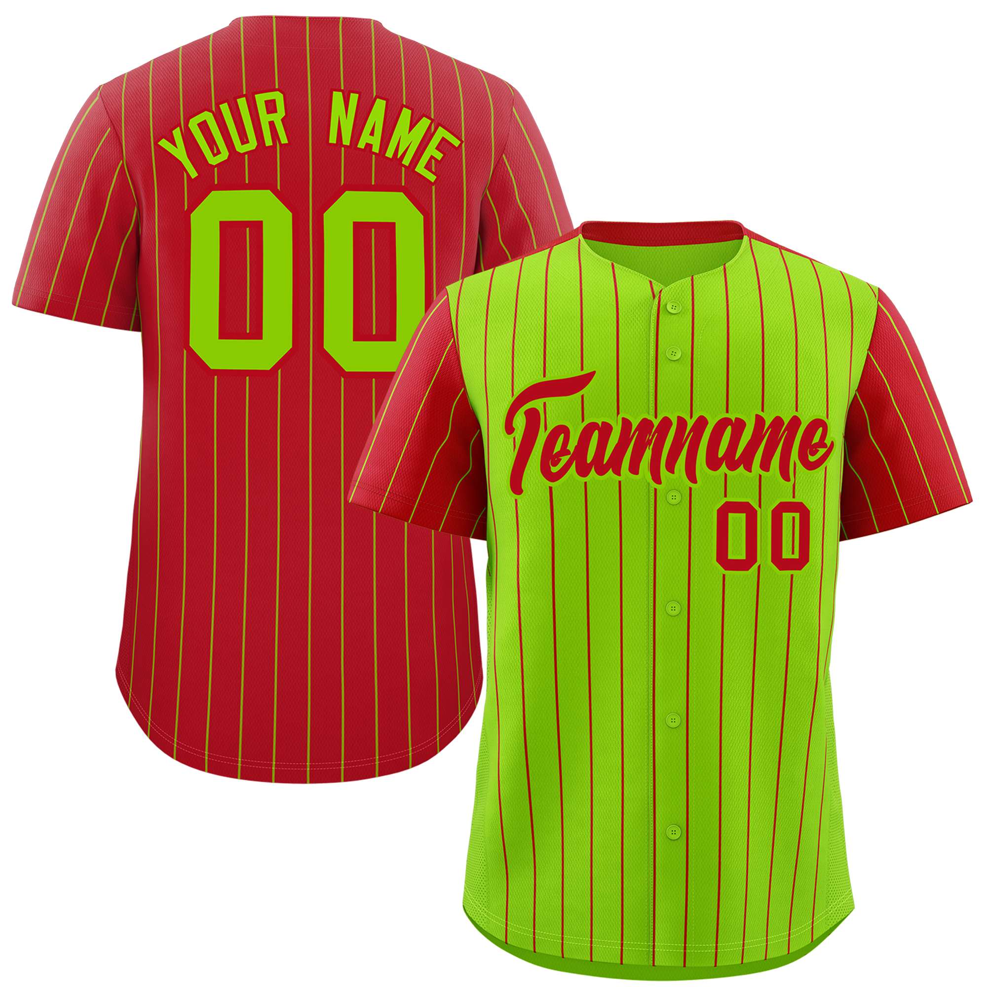 Custom Neon Green Red Pinstripe Personalized Raglan Sleeves Authentic Baseball Jersey