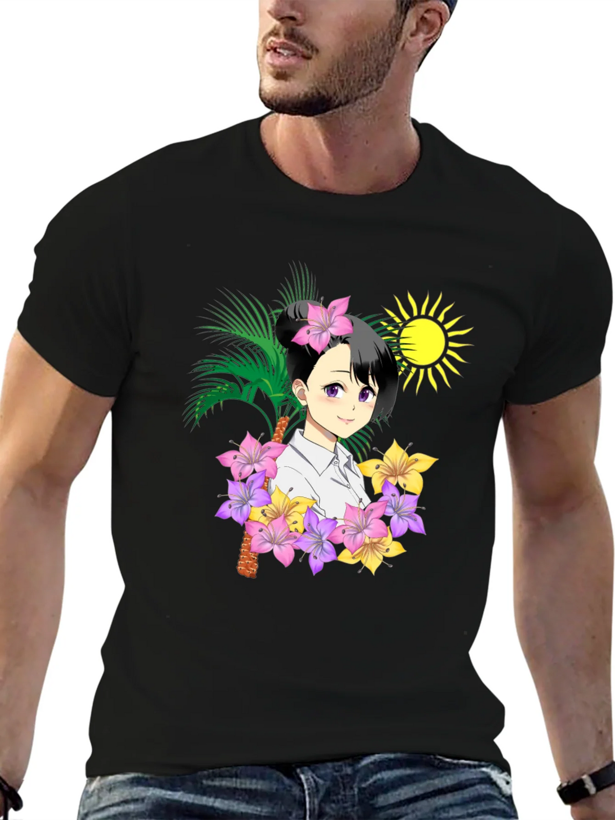 Anime Girl Hawaiian Shirt Black T-Shirt