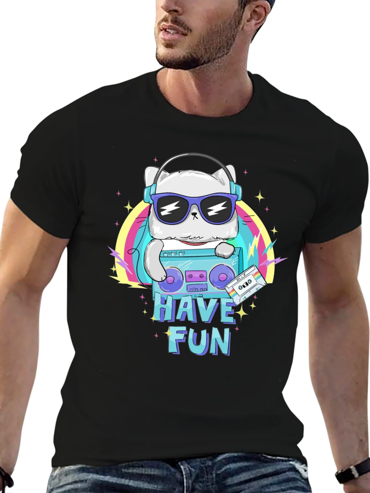 Cool Cat Boombox Graphic T-Shirt - Black Cotton Tee