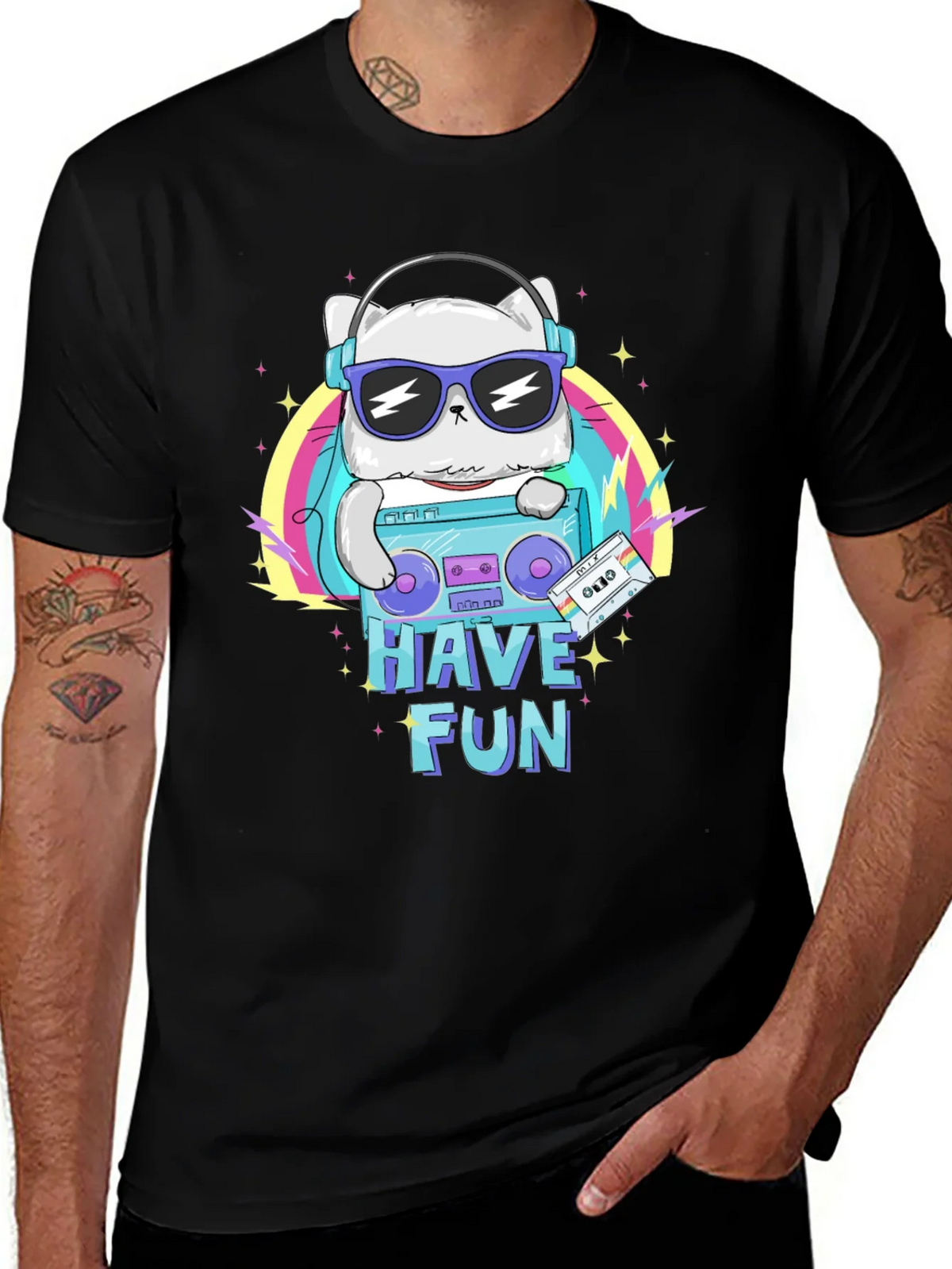Cool Cat Boombox Graphic T-Shirt - Black Cotton Tee