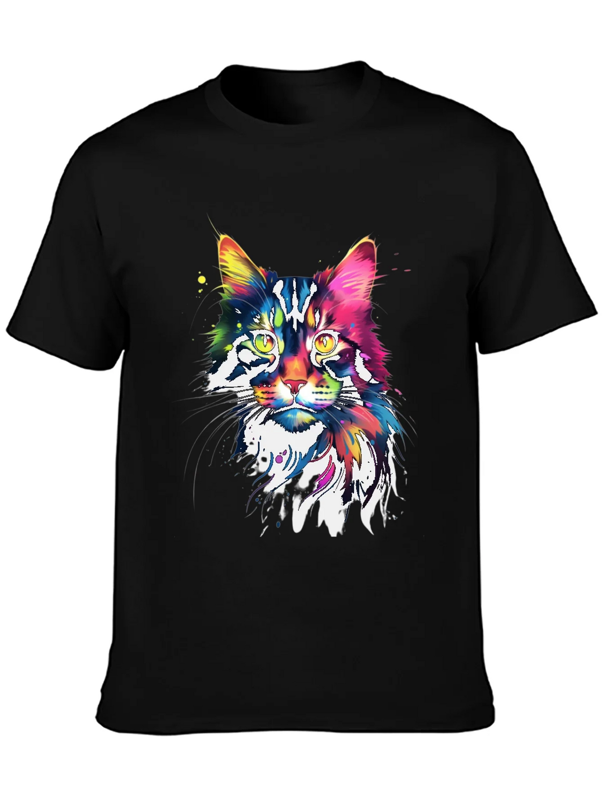 Colorful Cat Graphic Tee - Black Cotton Blend