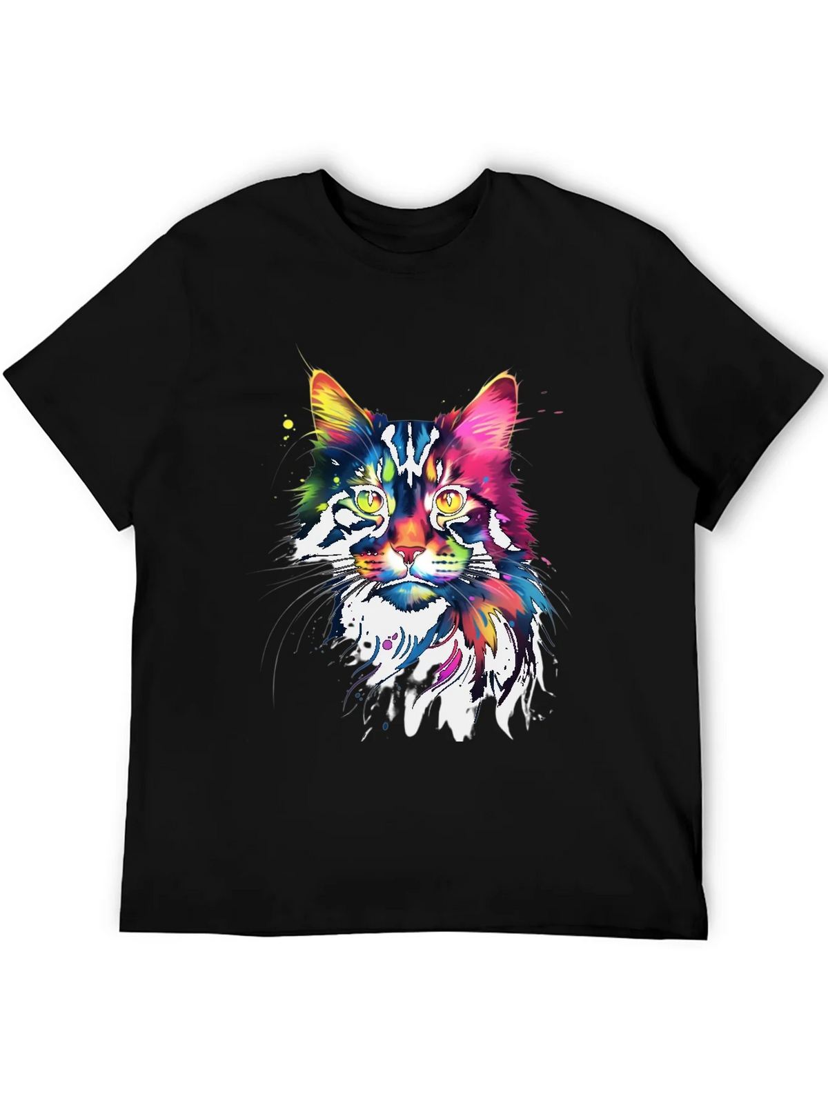 Colorful Cat Graphic Tee - Black Cotton Blend