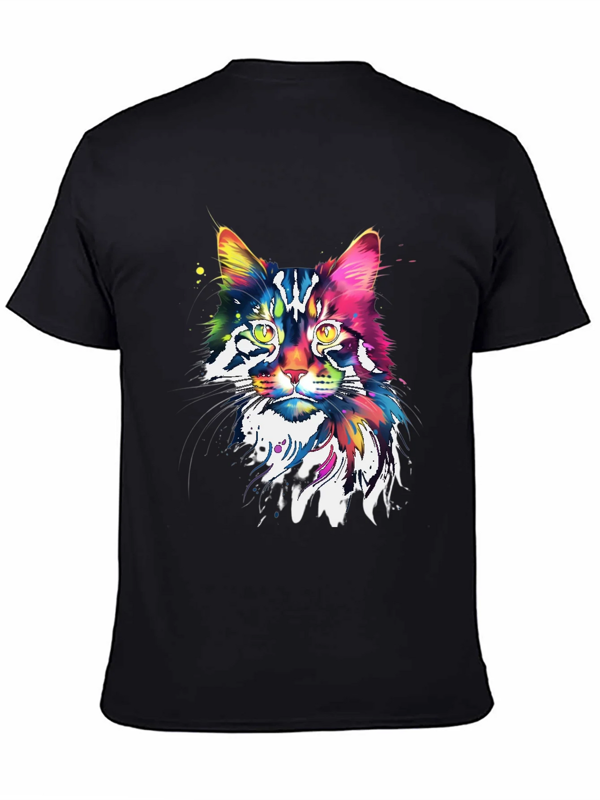 Colorful Cat Graphic Tee - Black Cotton Blend