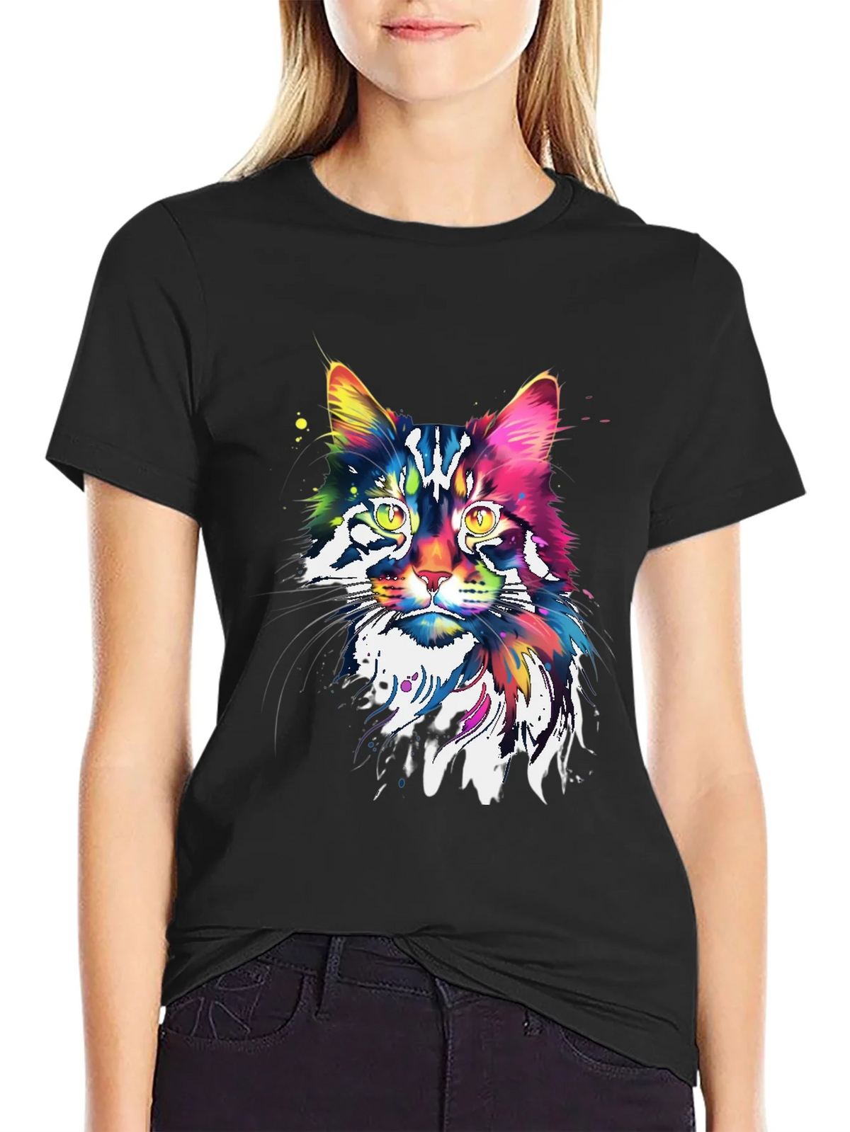 Colorful Cat Graphic Tee - Black Cotton Blend