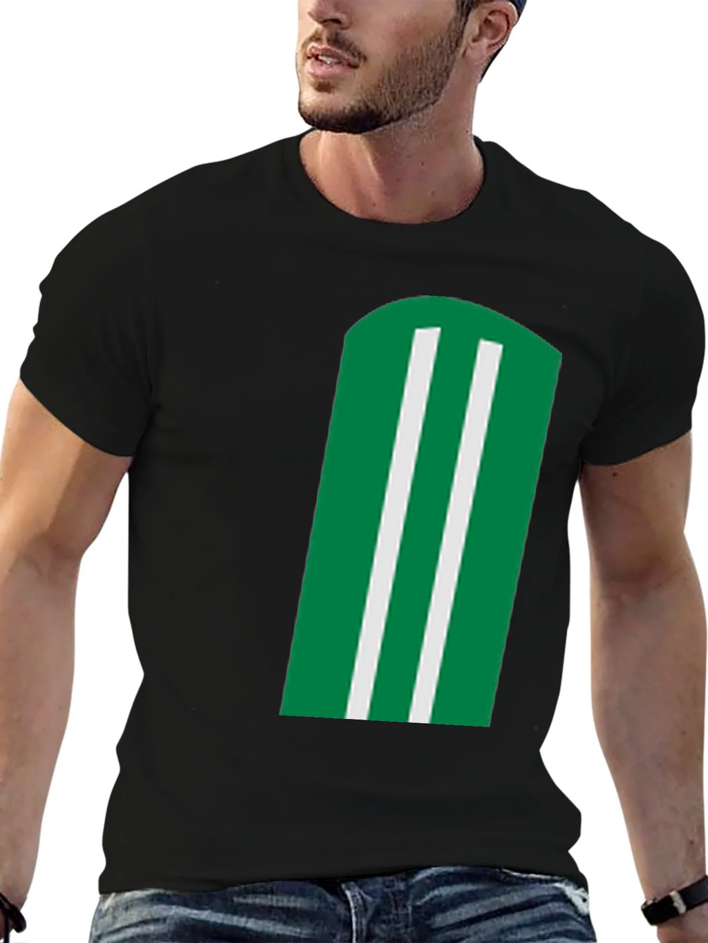 Green & White Striped Graphic Black T-Shirt