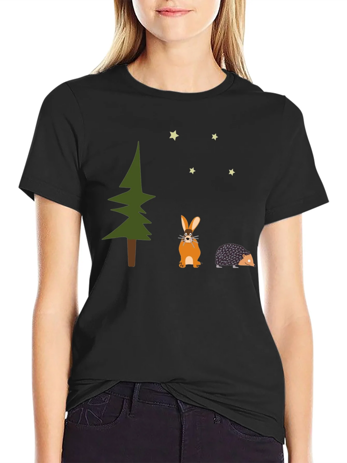 Whimsical Forest Tee: Rabbit Hedgehog and Stars
